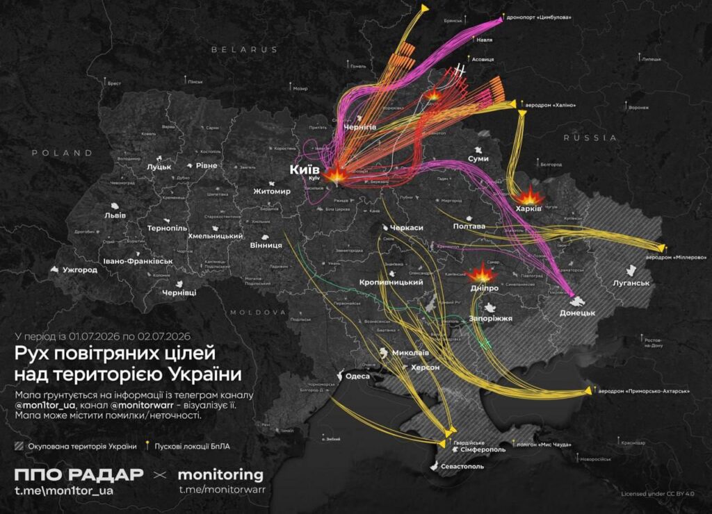 Trajectoires des vecteurs aériens au-dessus de l'Ukraine dans la nuit du 1er au 2 juillet, selon les données de suivi participatif des chaînes ukrainiennes ППО Радар et Monitoring (carte susceptible de contenir des inexactitudes). Crédit : t.me/mon1tor_ua × t.me/monitorwarr, CC BY 4.0.