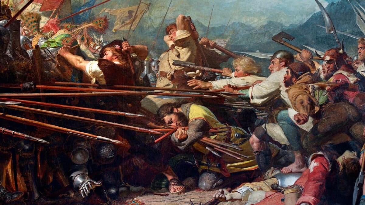 Winkelried à Sempach : l'acte héroïque d'Arnold von Winkelried lors de la bataille de Sempach, peint en 1878 par Konrad Grob, coll. Musée national suisse (Domaine public)