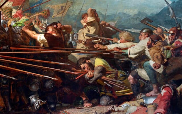Winkelried à Sempach : l'acte héroïque d'Arnold von Winkelried lors de la bataille de Sempach, peint en 1878 par Konrad Grob, coll. Musée national suisse (Domaine public)